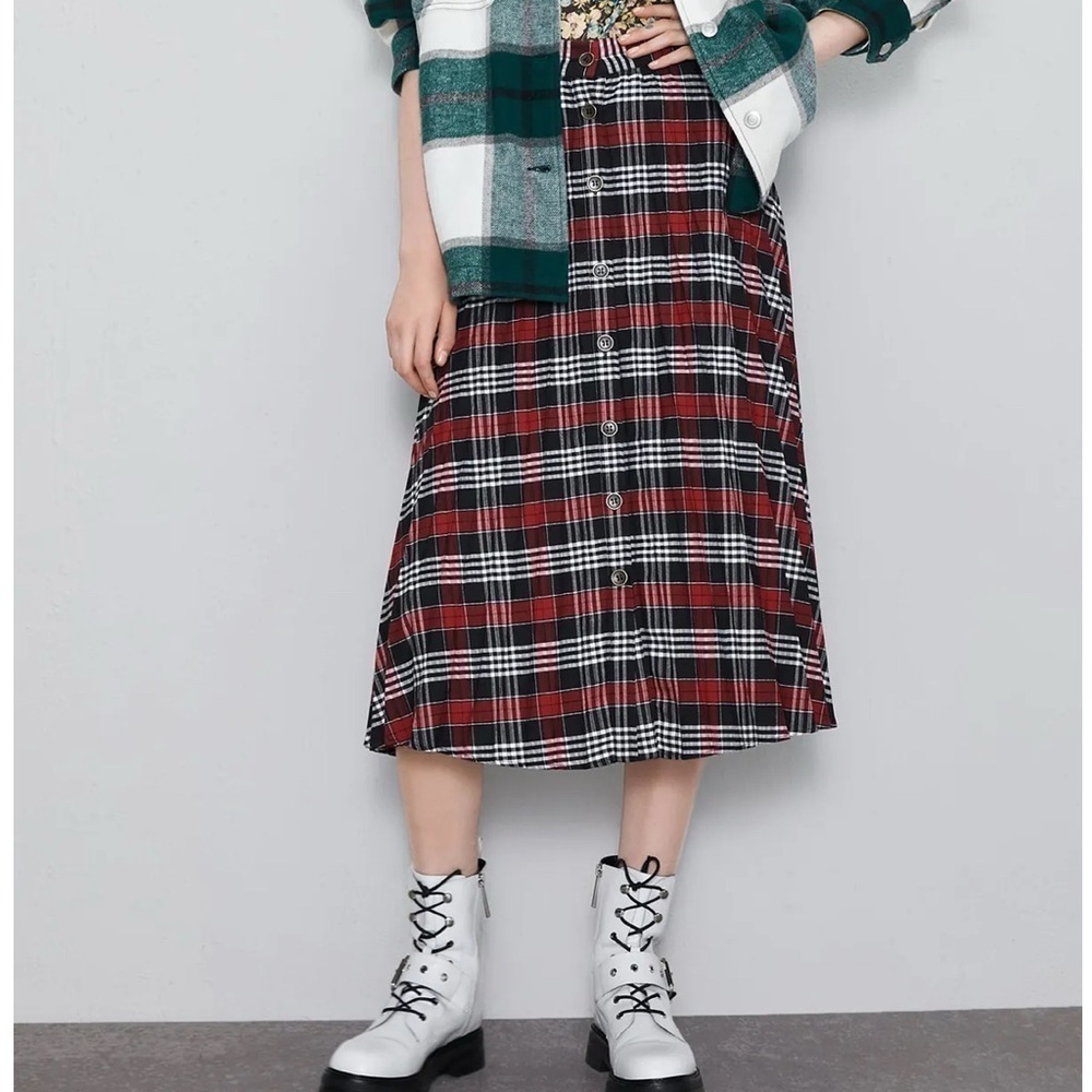 ZARA Plaid Button Down Midi Skirt Sz S Black Red Punk Chic Rock NWT